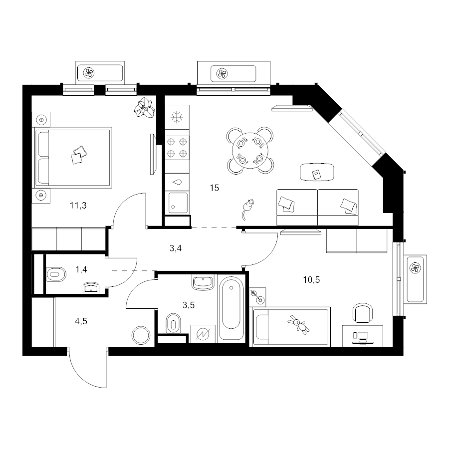 3 ккв (Евро) 49,6 м²