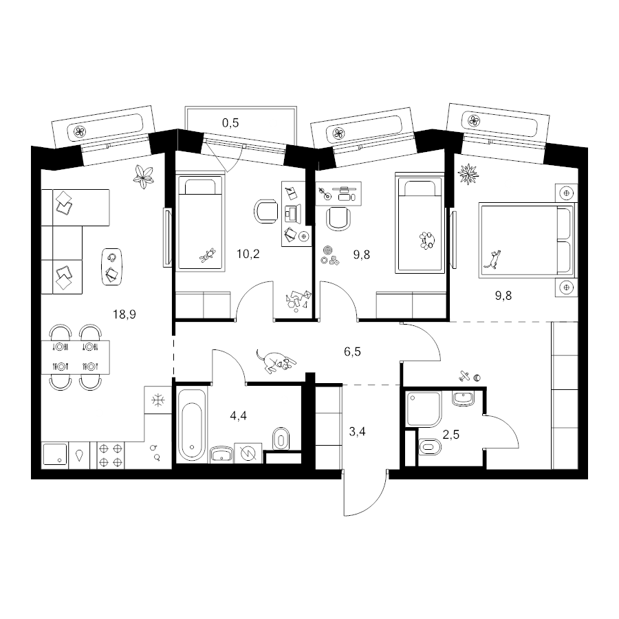 4 ккв (Евро) 74,9 м²