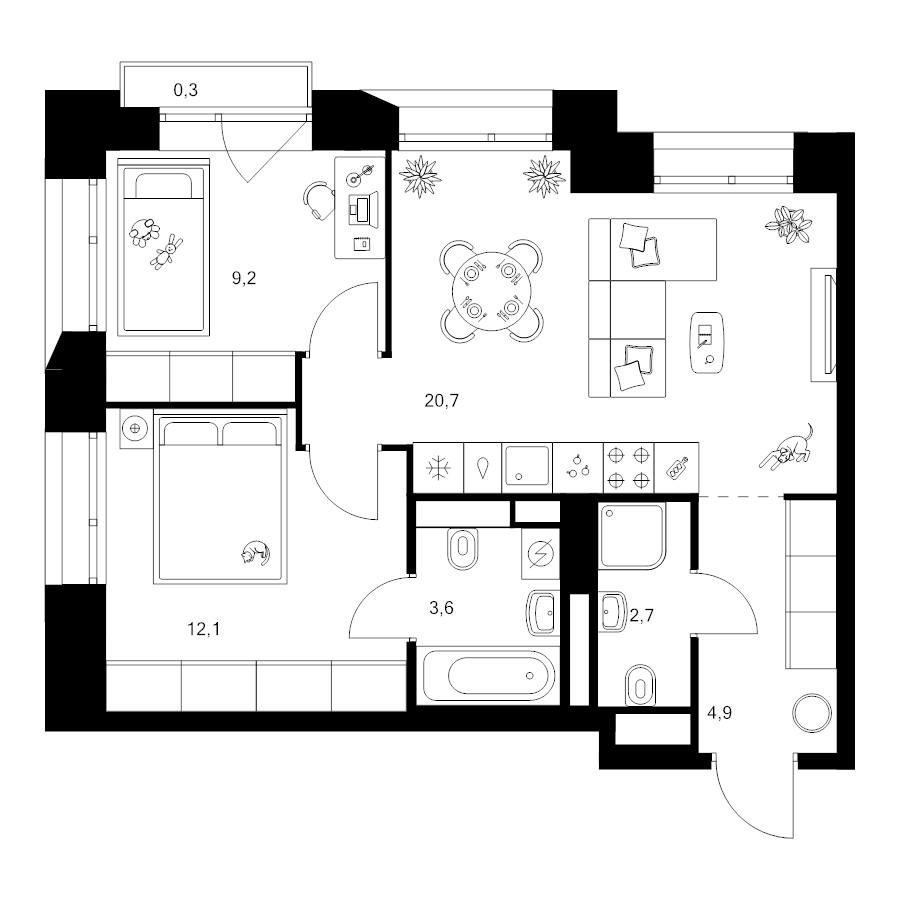 3 ккв (Евро) 53,5 м²