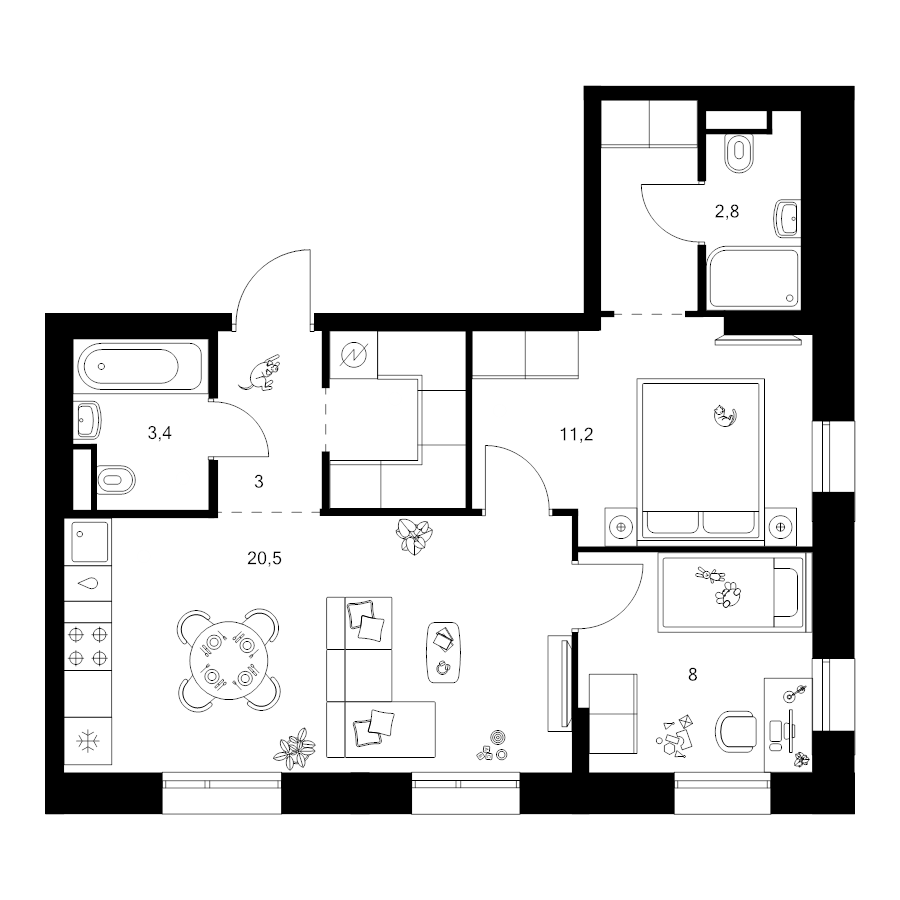 3 ккв (Евро) 55,9 м²