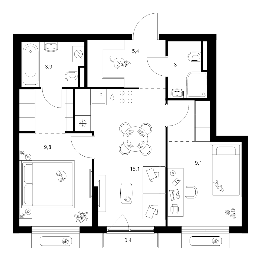 3 ккв (Евро) 52,6 м²