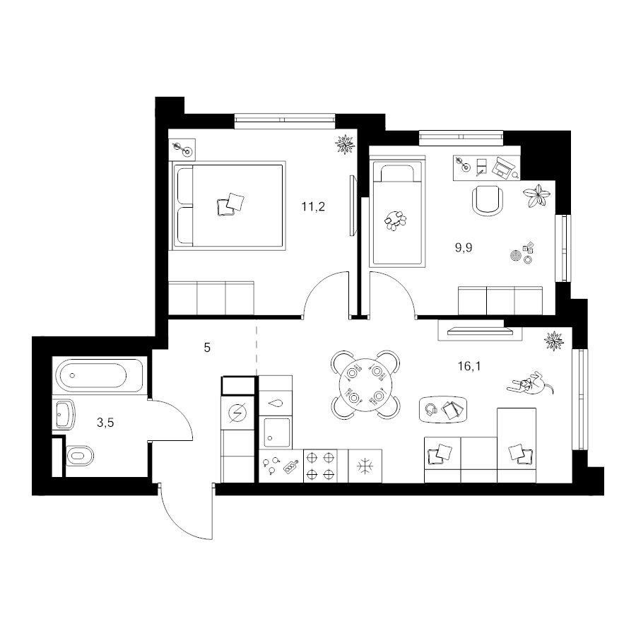 3 ккв (Евро) 45,7 м²
