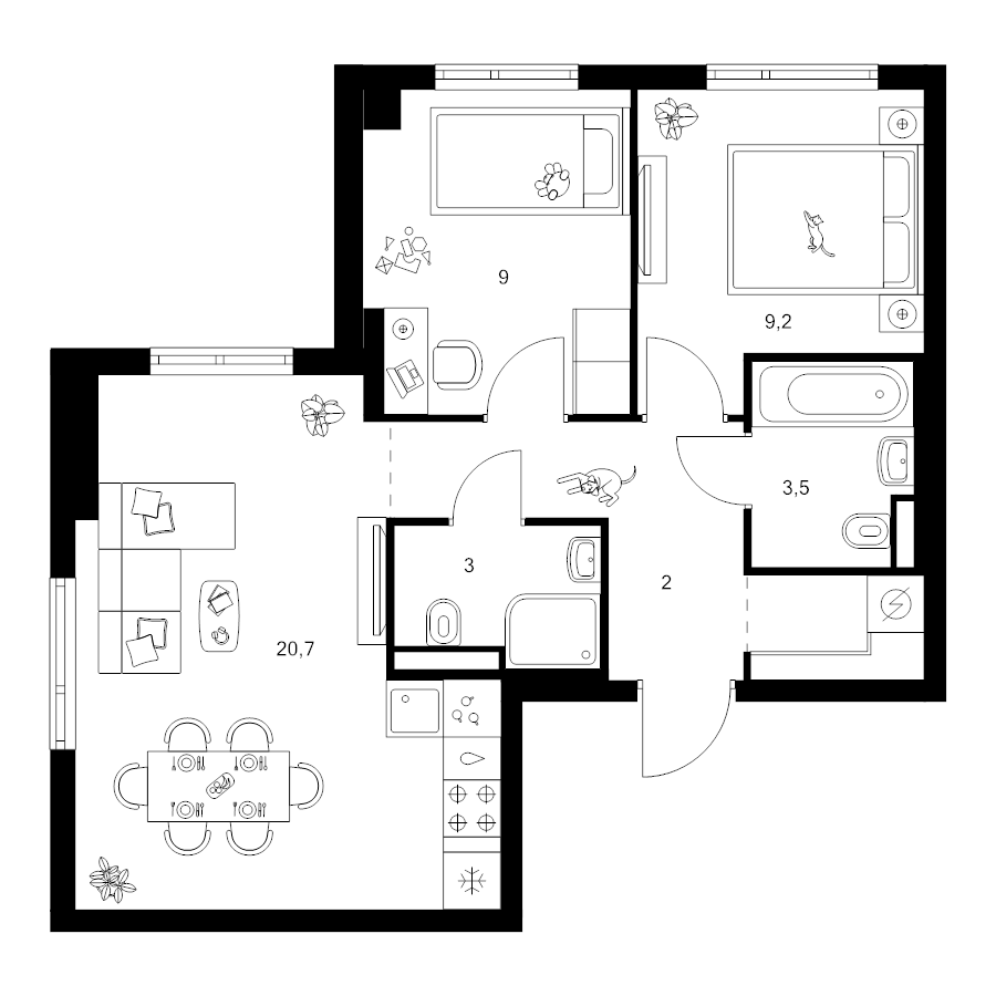 3 ккв (Евро) 54 м²