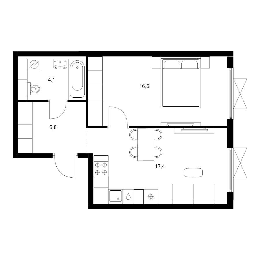 2 ккв (Евро) 43,8 м²