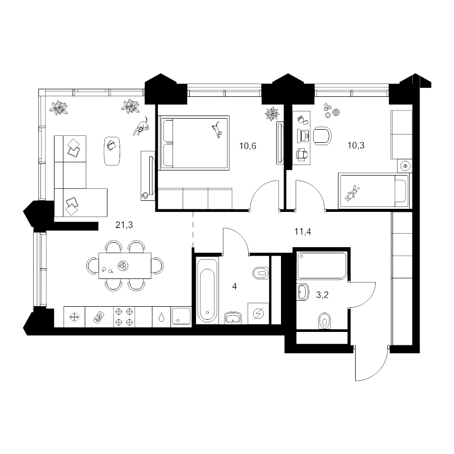3 ккв (Евро) 60,8 м²