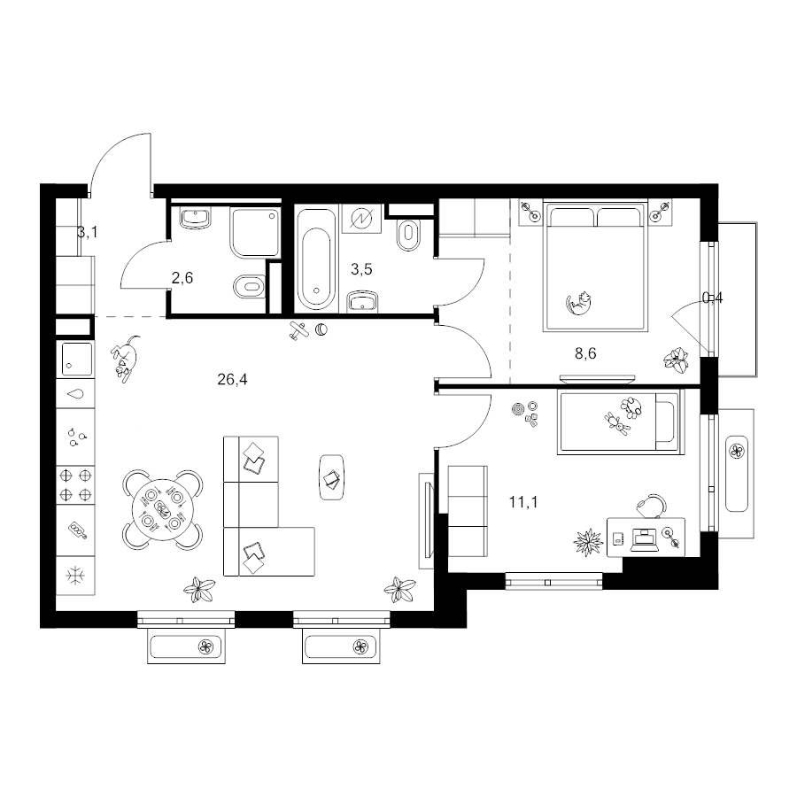 3 ккв (Евро) 58,9 м²