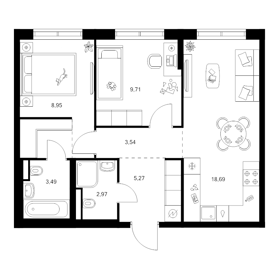 3 ккв (Евро) 55,8 м²