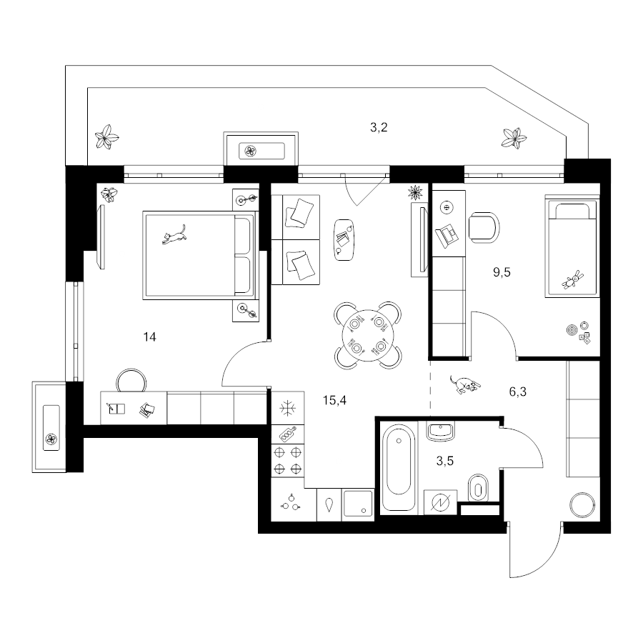 3 ккв (Евро) 51,9 м²