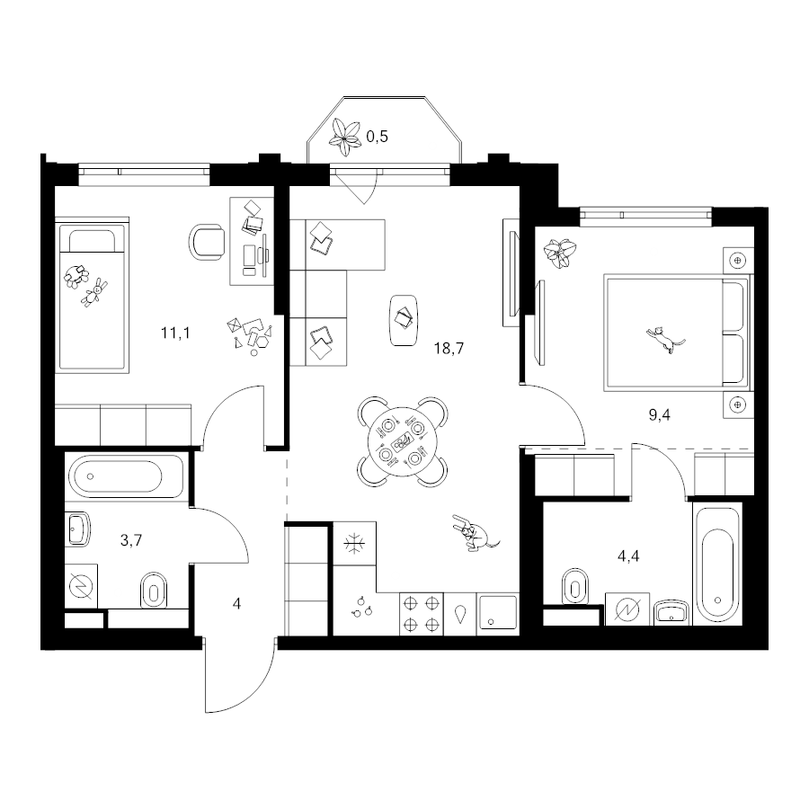 3 ккв (Евро) 53,8 м²