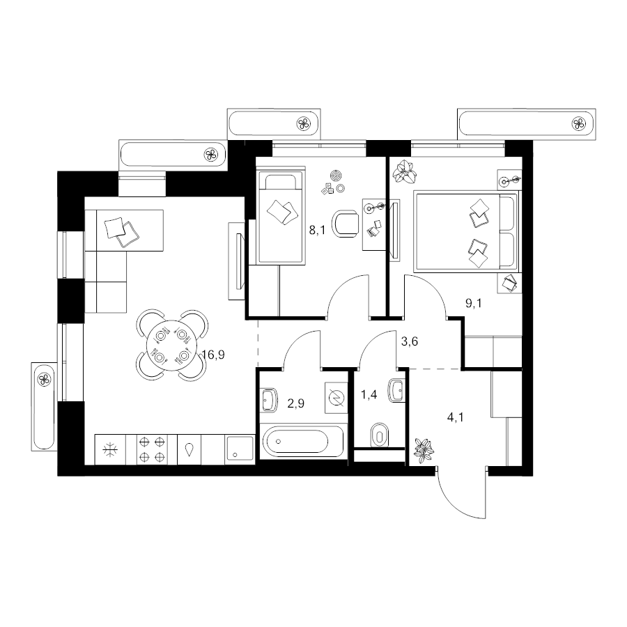 3 ккв (Евро) 46,1 м²