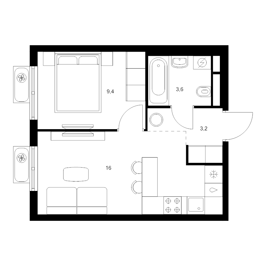 2 ккв (Евро) 32,2 м²