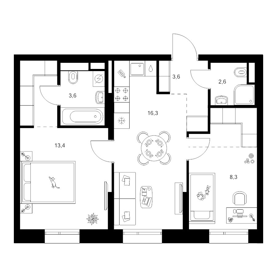 3 ккв (Евро) 54,5 м²