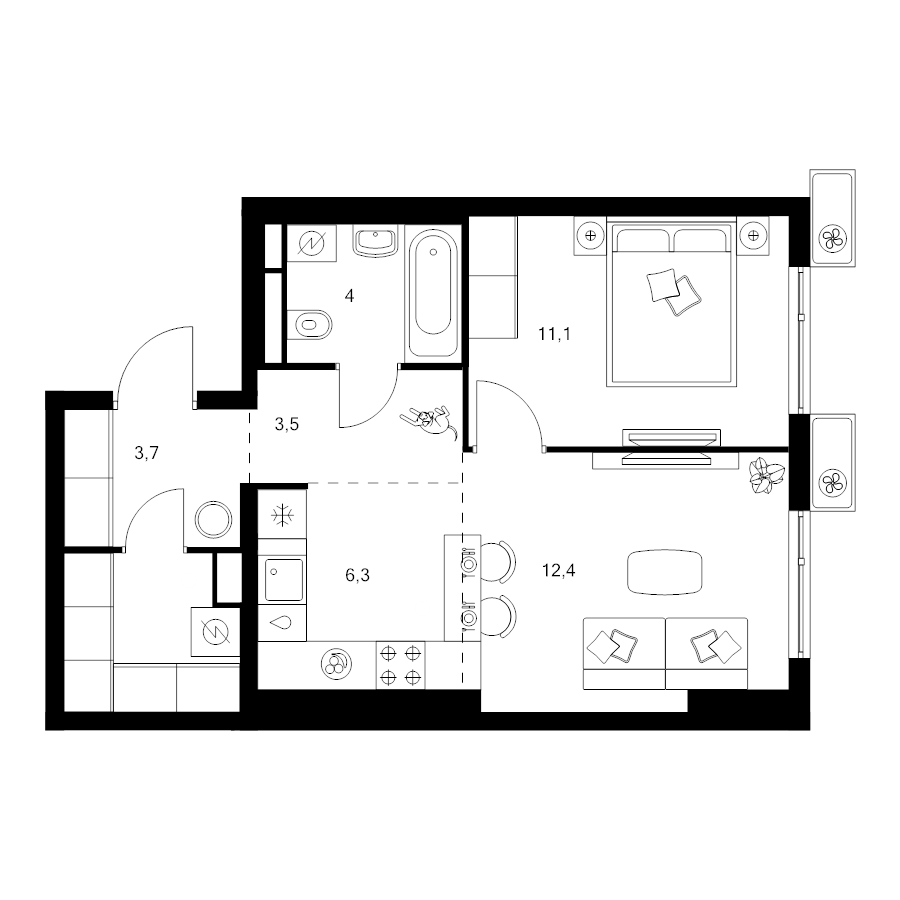 2 ккв (Евро) 45 м²