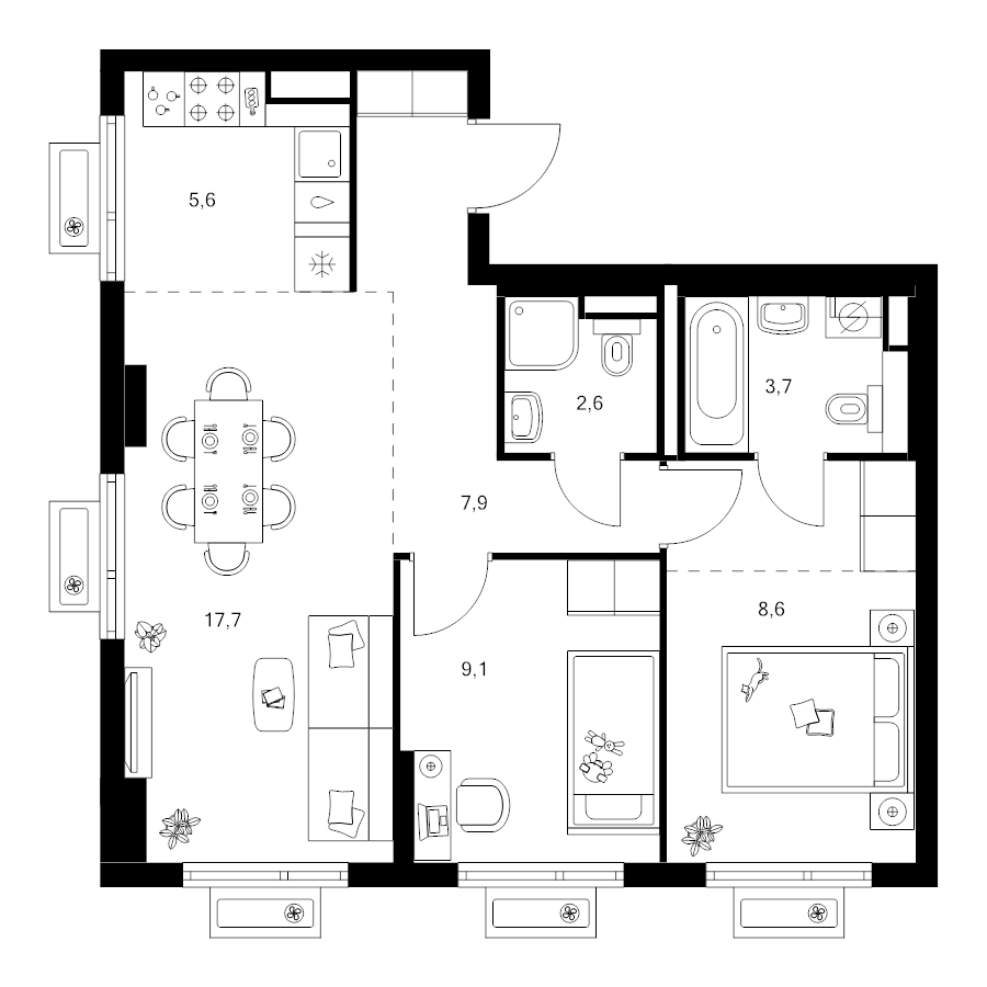 3 ккв (Евро) 58,5 м²