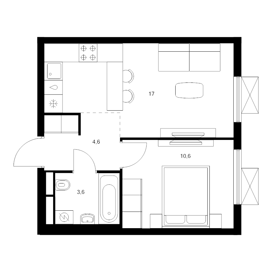 2 ккв (Евро) 35,8 м²