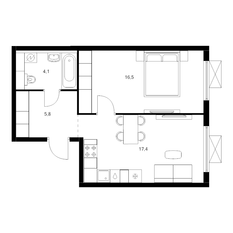 2 ккв (Евро) 43,9 м²