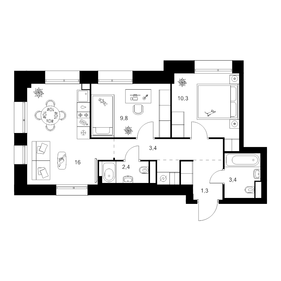 3 ккв (Евро) 51,8 м²