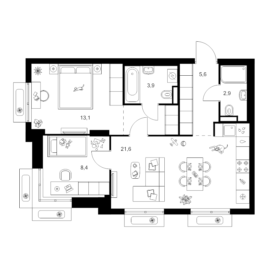 3 ккв (Евро) 58,8 м²
