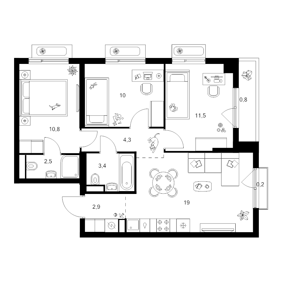 4 ккв (Евро) 65,4 м²