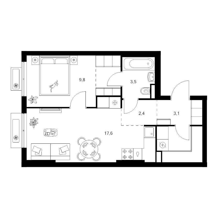 2 ккв (Евро) 43,4 м²
