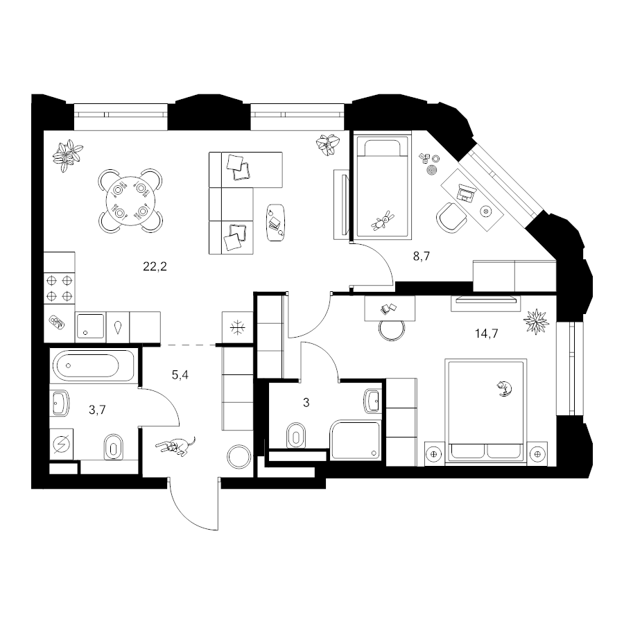 3 ккв (Евро) 57,7 м²