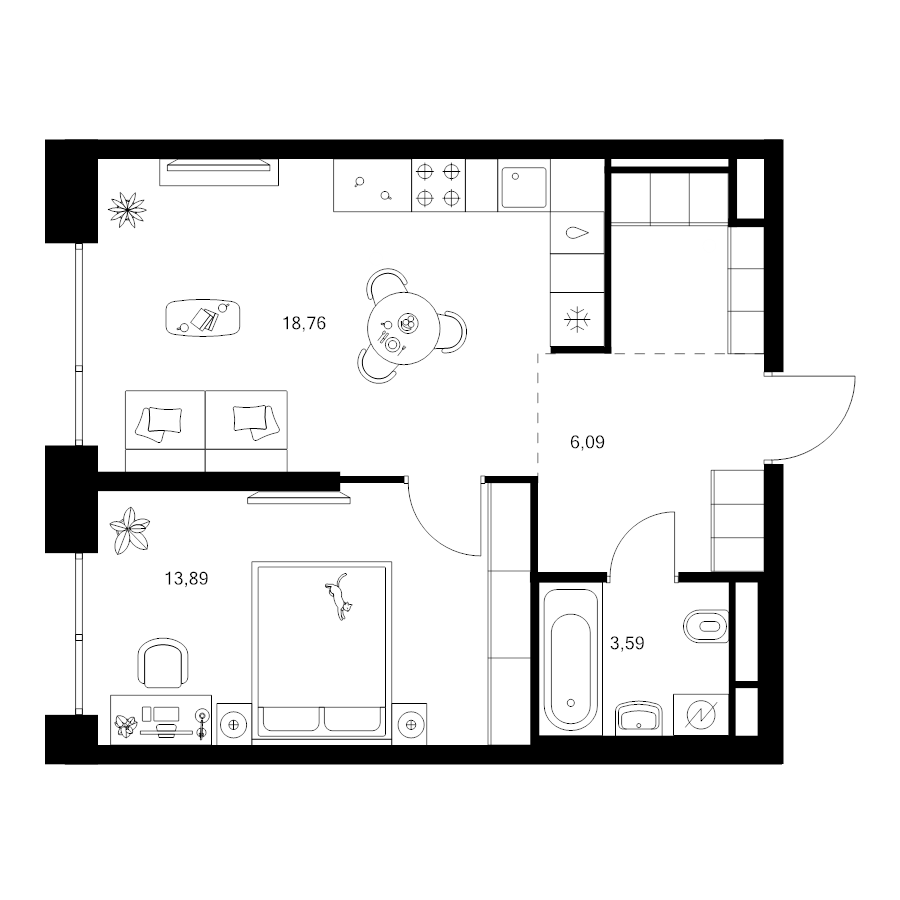 2 ккв (Евро) 45,5 м²