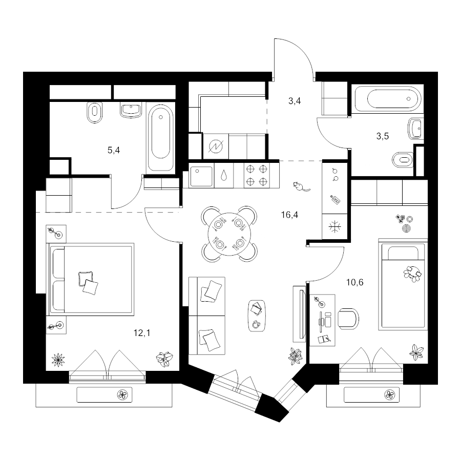 3 ккв (Евро) 57,1 м²