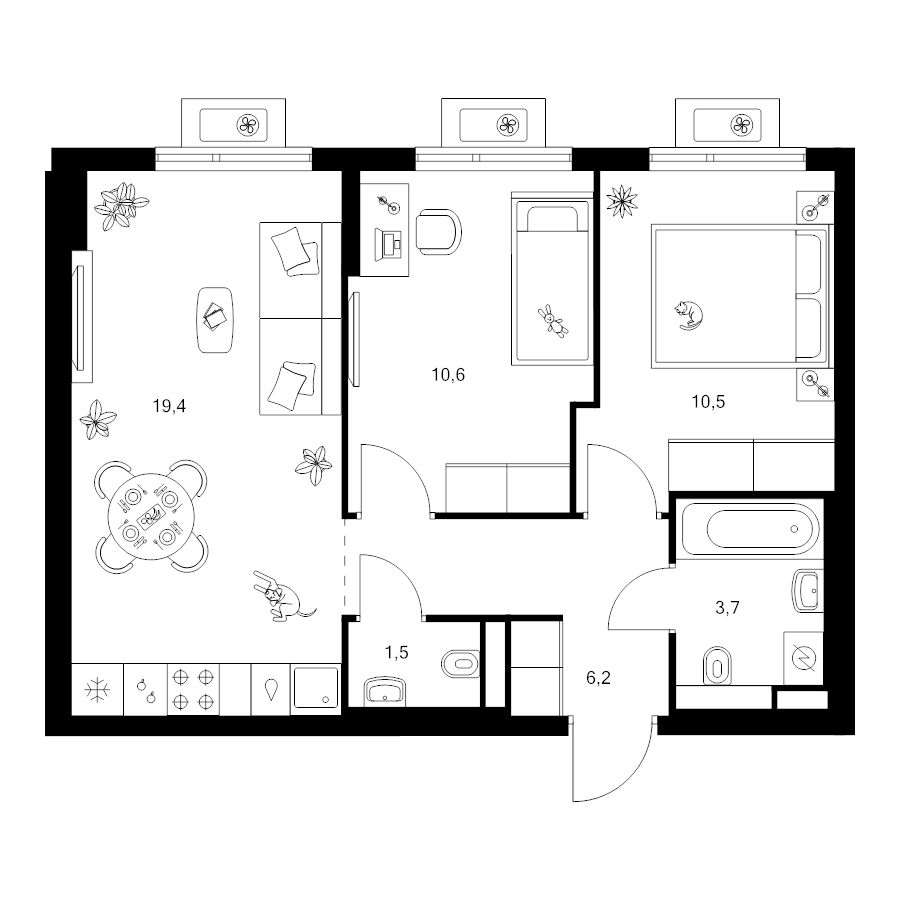 3 ккв (Евро) 51,9 м²