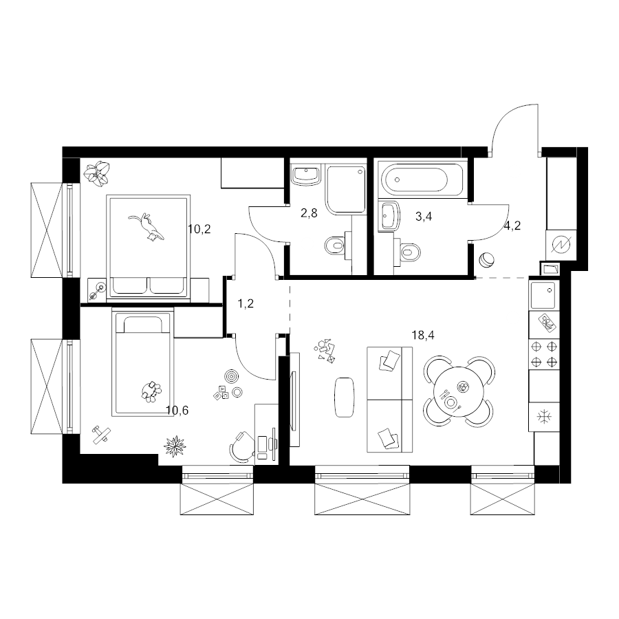 3 ккв (Евро) 50,8 м²