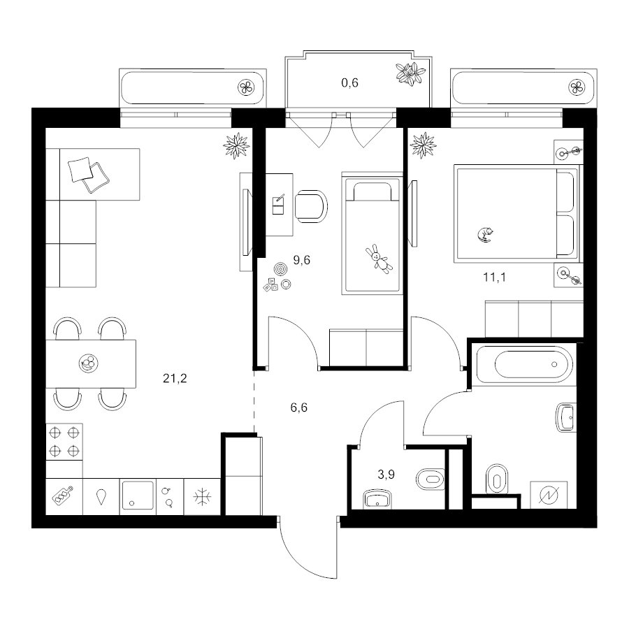 3 ккв (Евро) 54,6 м²