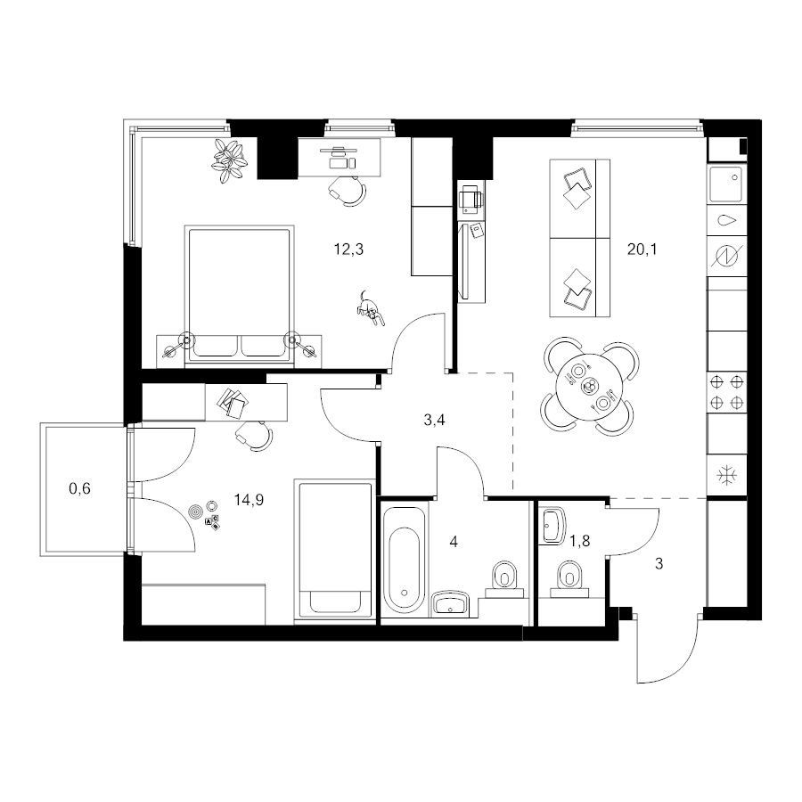 3 ккв (Евро) 60,1 м²