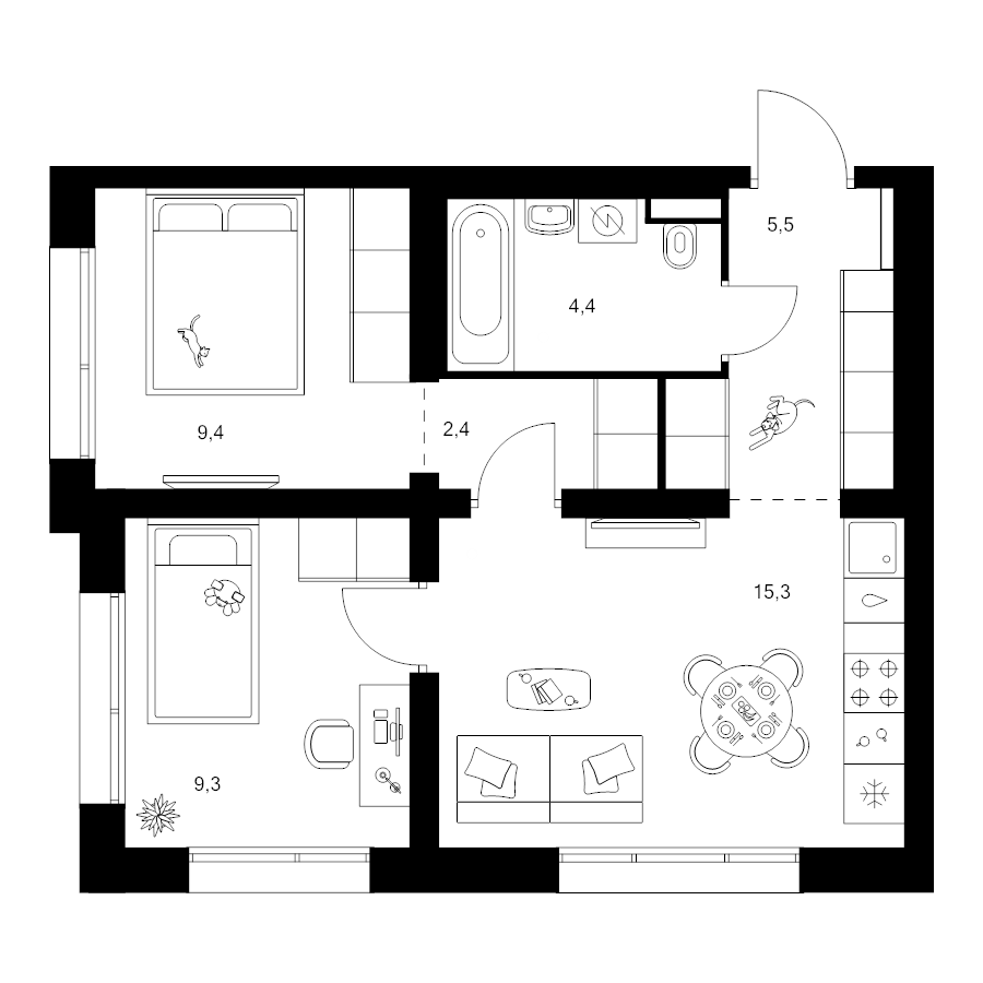3 ккв (Евро) 46,3 м²