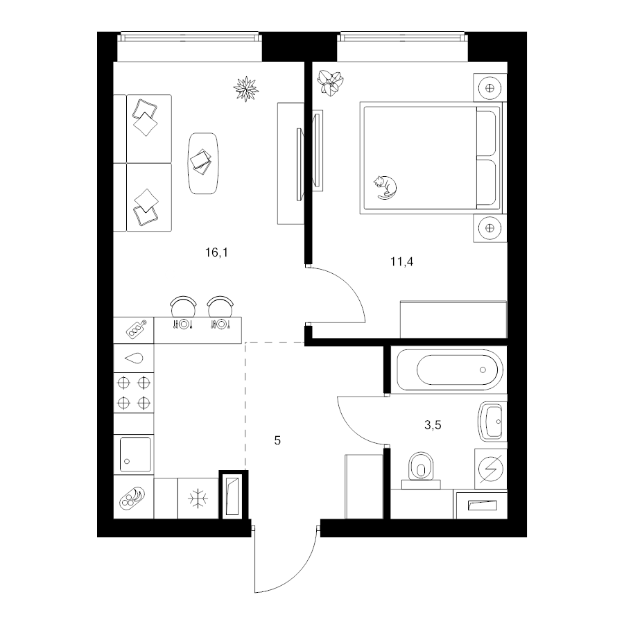 2 ккв (Евро) 36 м²
