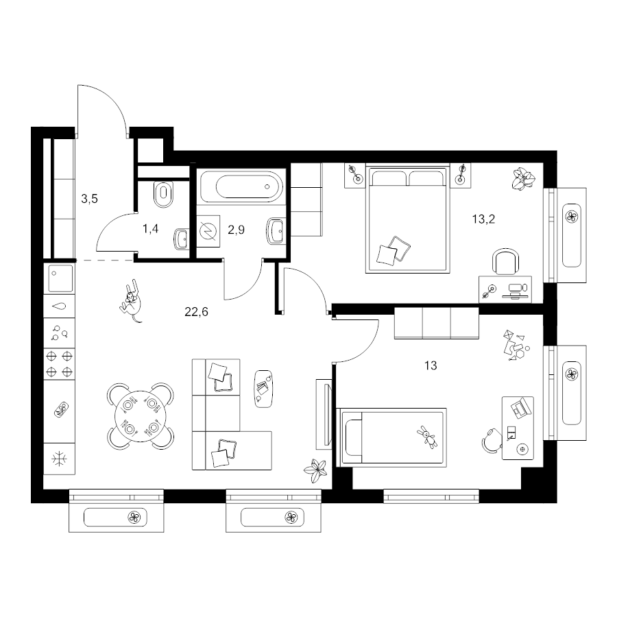 3 ккв (Евро) 56,6 м²