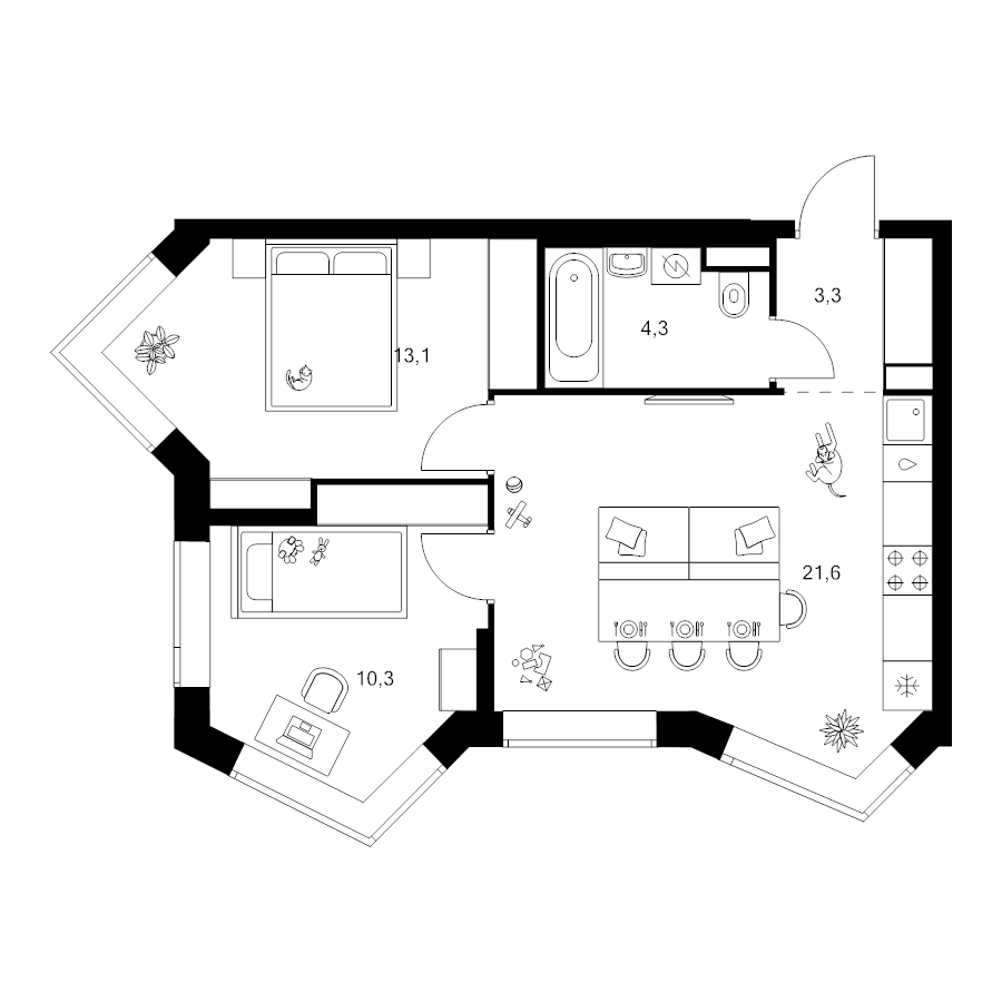3 ккв (Евро) 52,6 м²