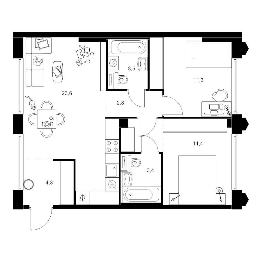 3 ккв (Евро) 62,8 м²