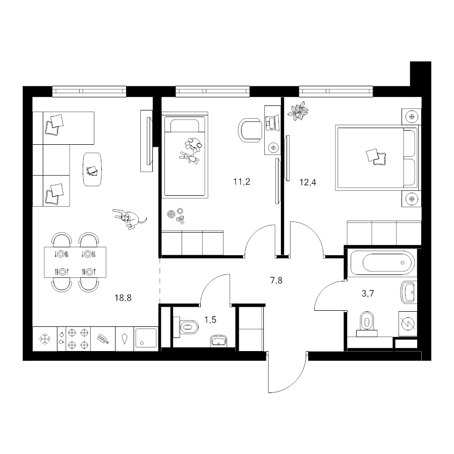 3 ккв (Евро) 55,4 м²