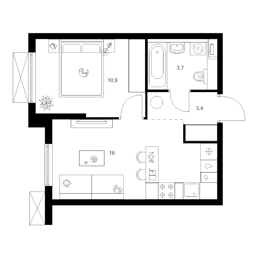 2 ккв (Евро) 34 м²