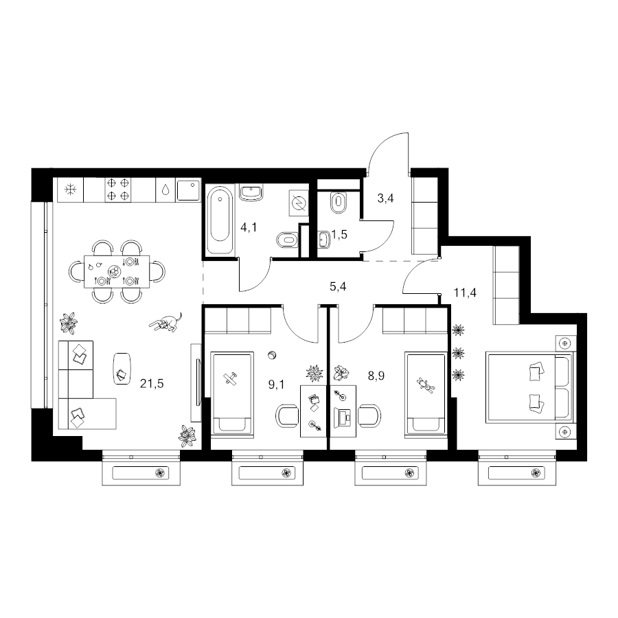 4 ккв (Евро) 65,3 м²