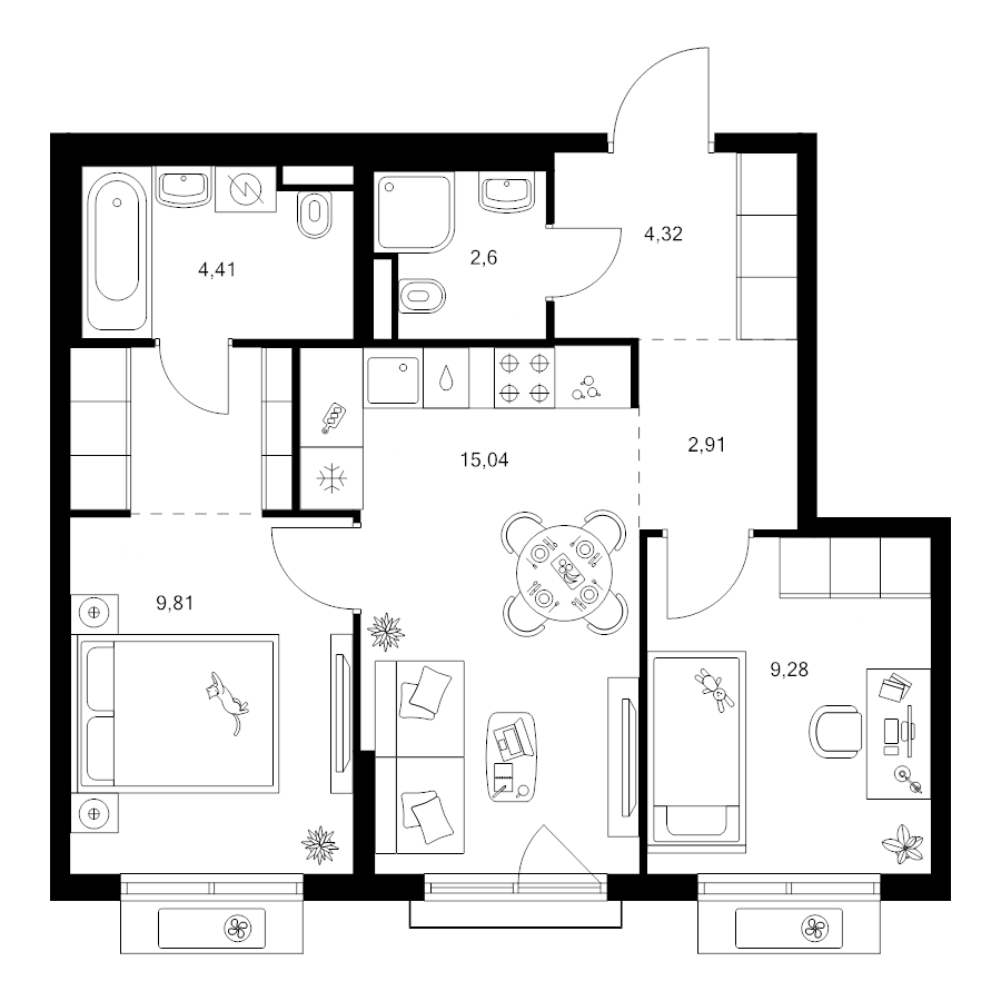 3 ккв (Евро) 52 м²