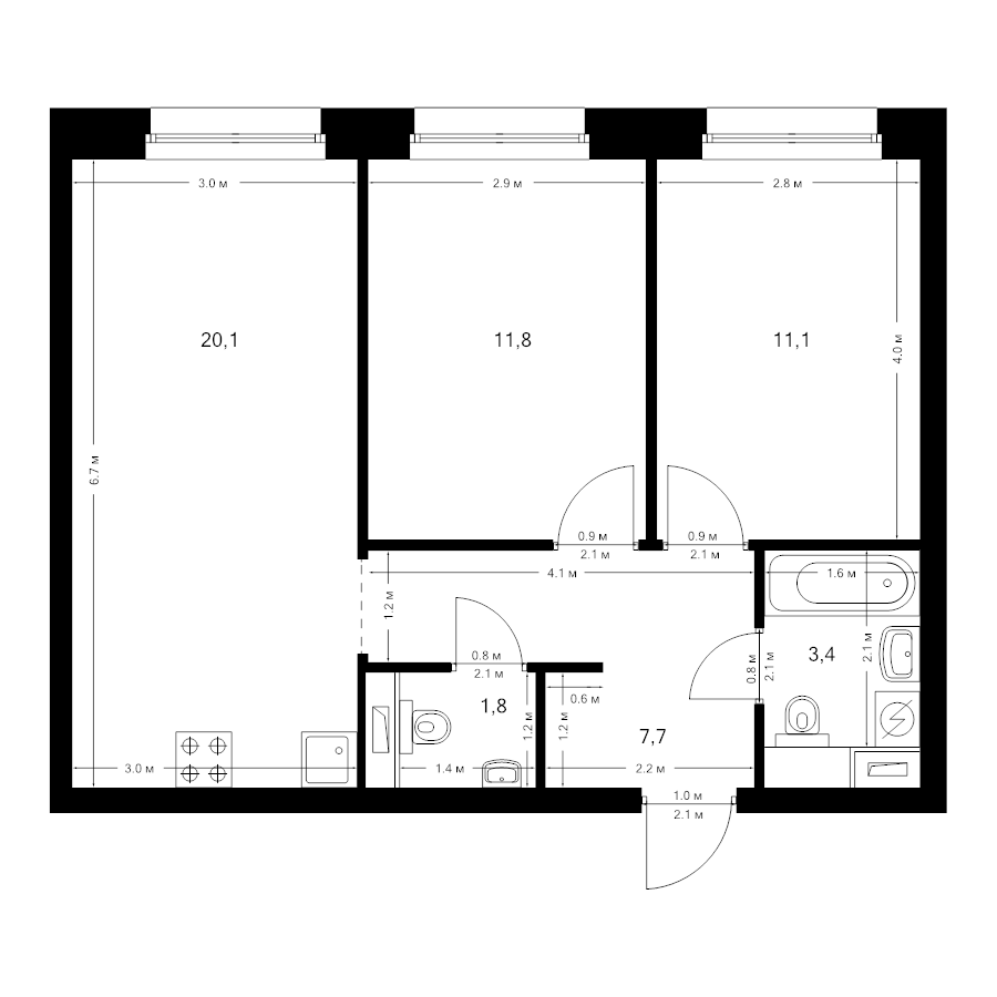 3 ккв (Евро) 55,9 м²