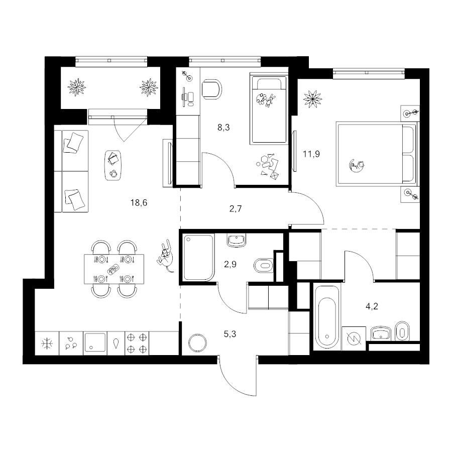 3 ккв (Евро) 59,1 м²
