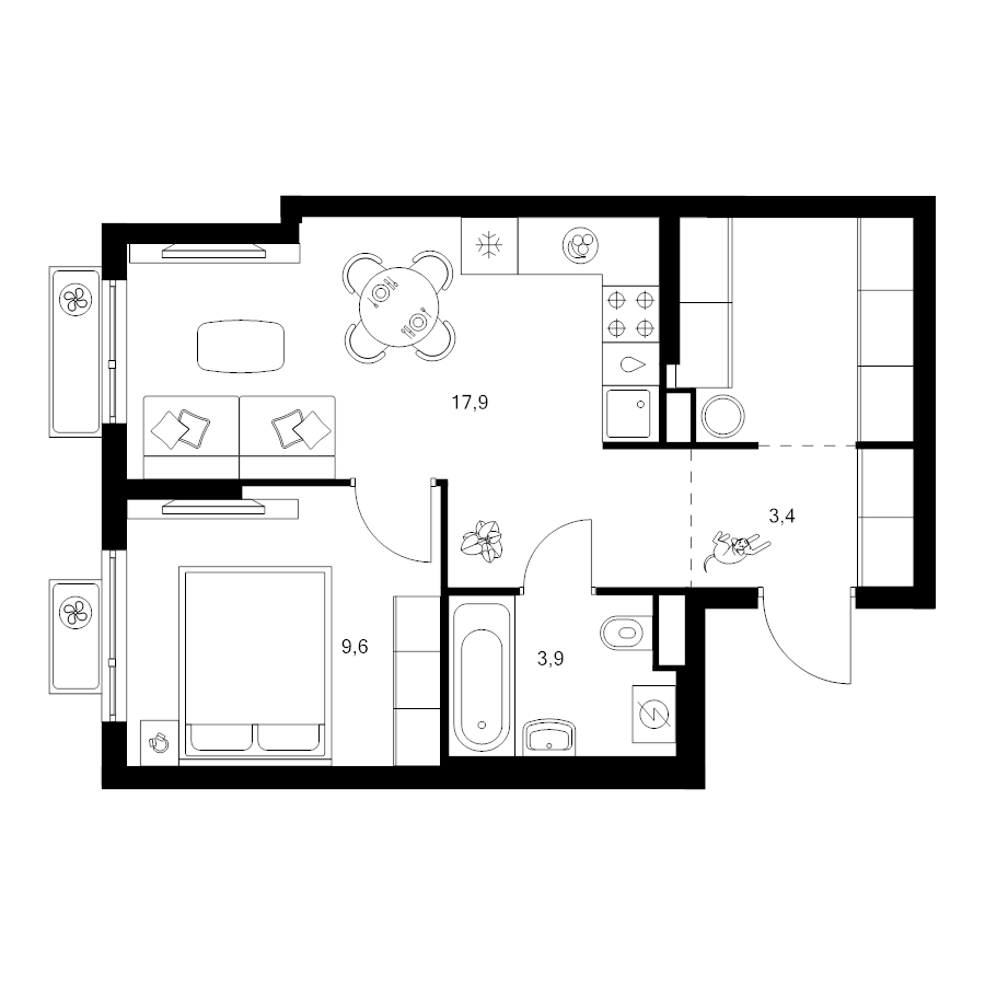 2 ккв (Евро) 40,6 м²