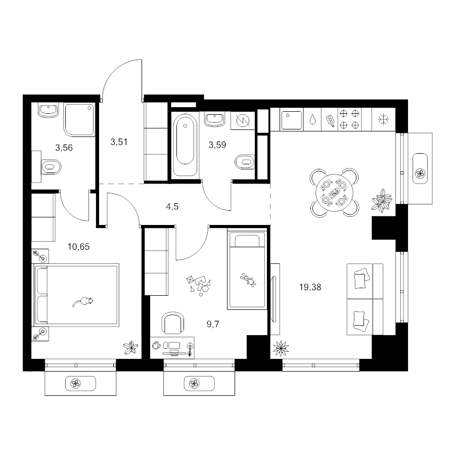 3 ккв (Евро) 55,1 м²
