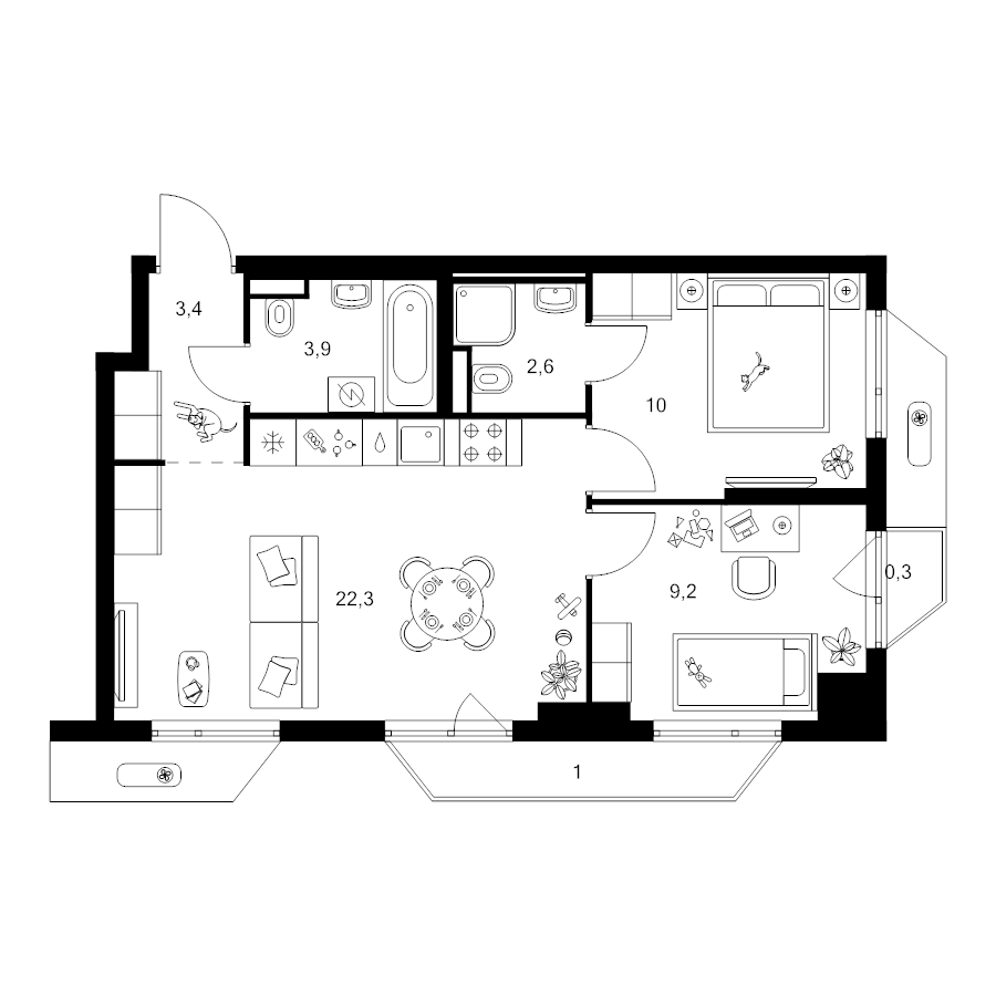 3 ккв (Евро) 52,7 м²