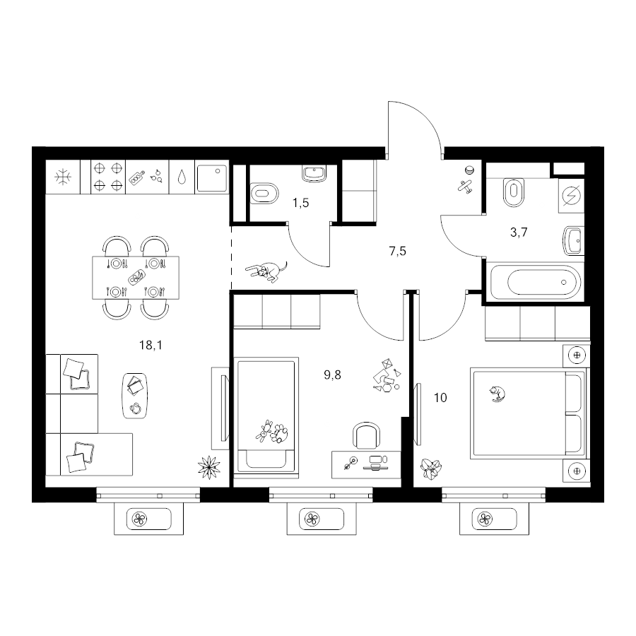 3 ккв (Евро) 50,6 м²