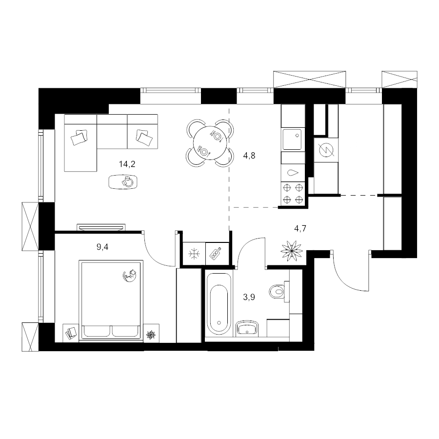 2 ккв (Евро) 42,6 м²