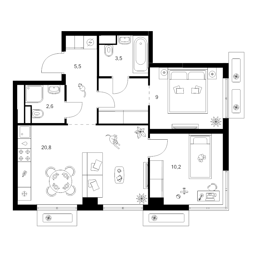 3 ккв (Евро) 56,2 м²