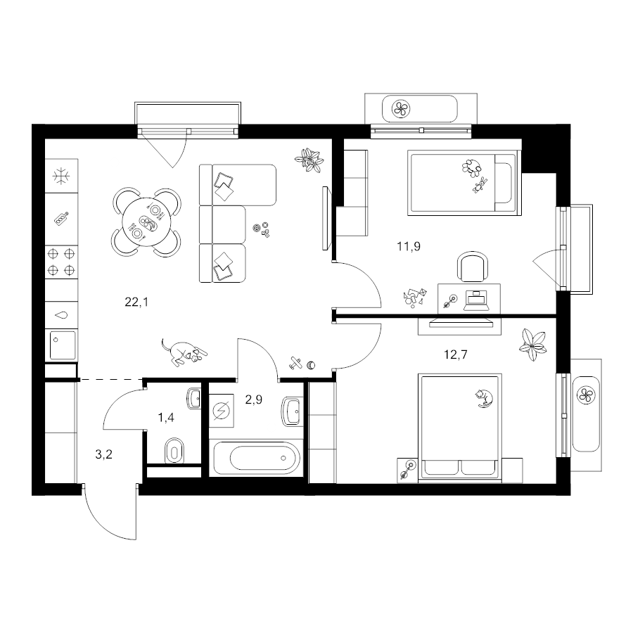 3 ккв (Евро) 54,6 м²