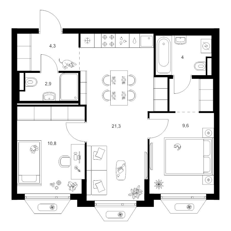 3 ккв (Евро) 55,6 м²